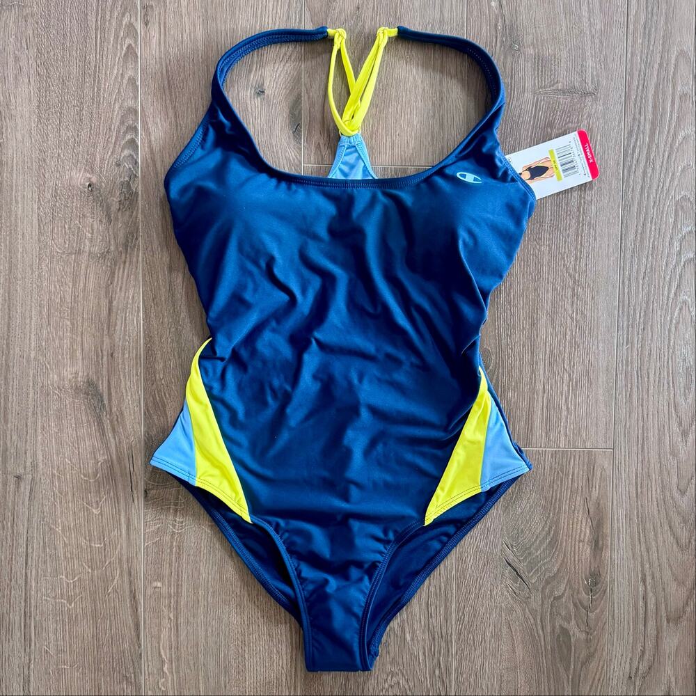 Champion Swim One Piece Open Back Sporty Athletic Blue Yellow XS NEW